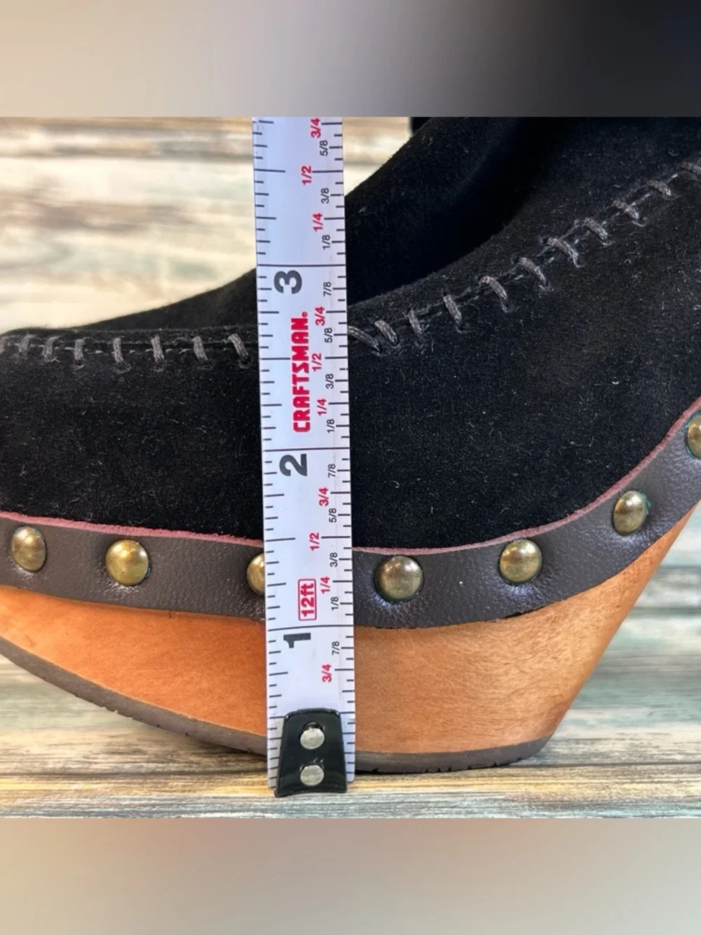 Flogg Davina Fringe Platform Booties Womens 5.5 Black Suede Wood Moccasin Style